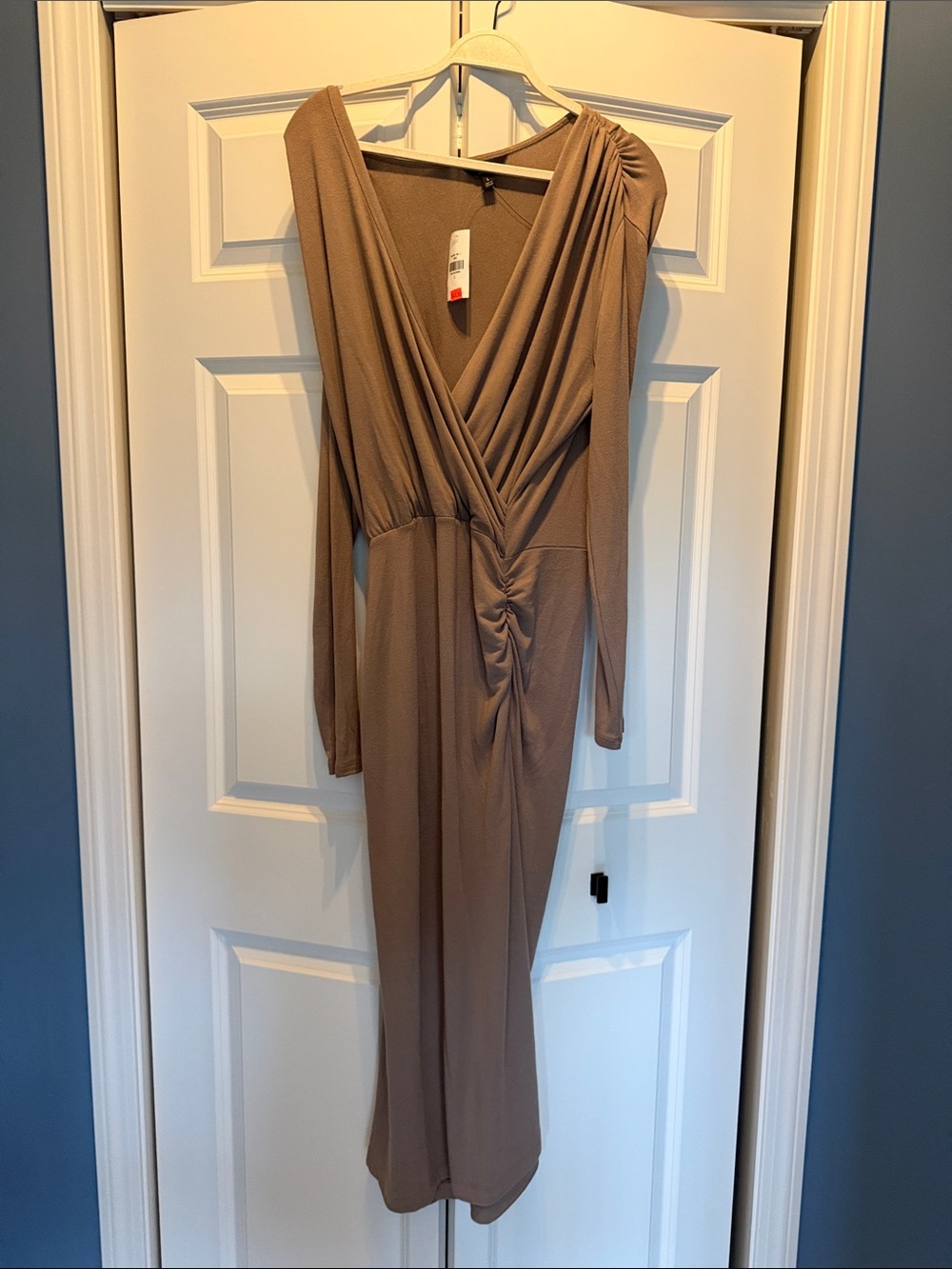 Elegant Draped Knit Long Sleeve Taupe Dress
